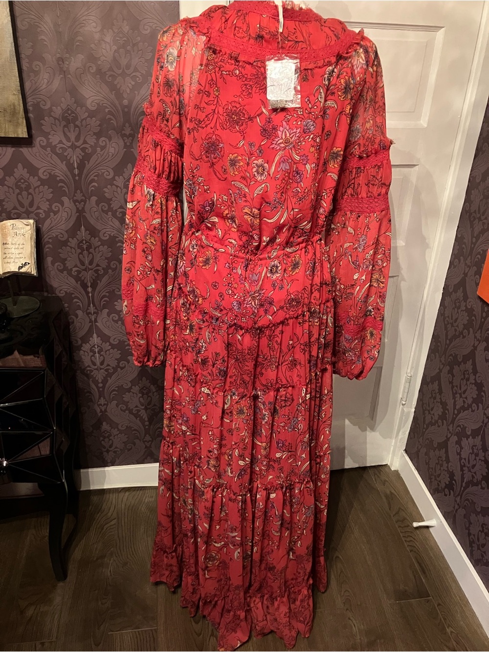 NWT Free People “Cassis” Boho Red Floral Tiered Maxi Dress with Tie Waist - Picture 7 of 14
